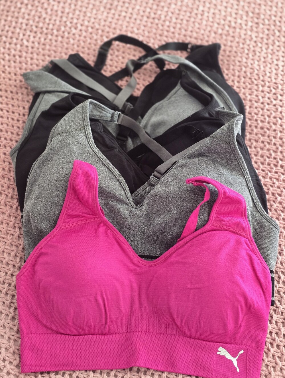 Puma Women's Seamless Sports Bra Trio - Hot Pink, Gray & Black